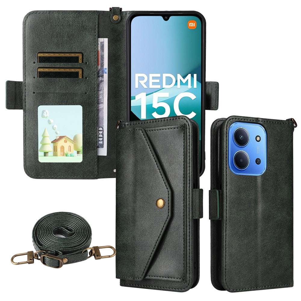 For Xiaomi Redmi 15C 4G (Global) (171mm) / Poco C85 4G (171mm) Leather Case Magnetic Closure Wallet Stand Phone Cover with Crossbody Strap