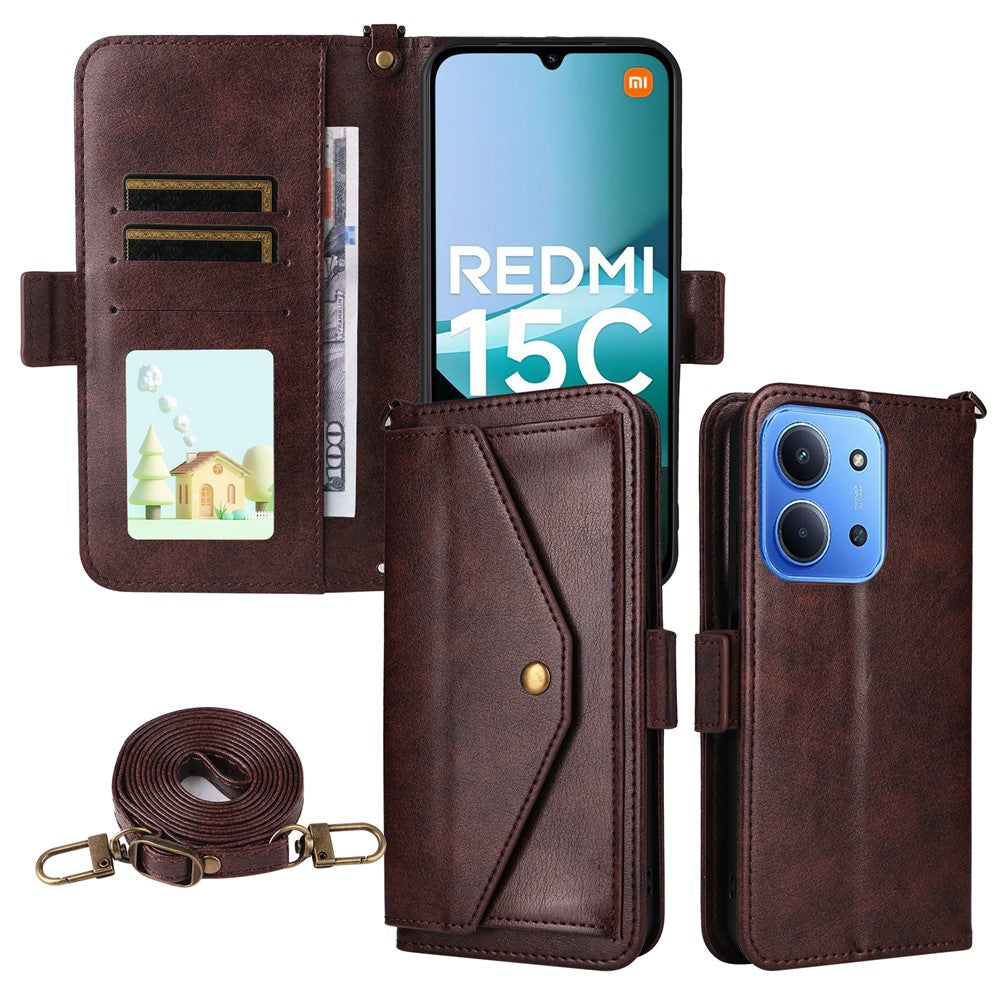 For Xiaomi Redmi 15C 4G (Global) (171mm) / Poco C85 4G (171mm) Leather Case Magnetic Closure Wallet Stand Phone Cover with Crossbody Strap