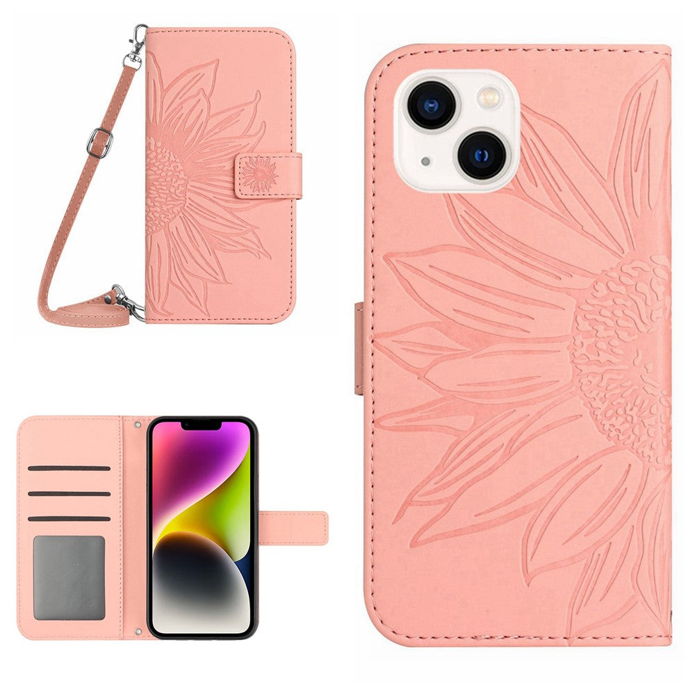Til iPhone 14 Plus HT04 Skin-touch PU-læder Standercover Præget Solsikke Fuld Beskyttelse Telefonpung Cover med Skulderrem