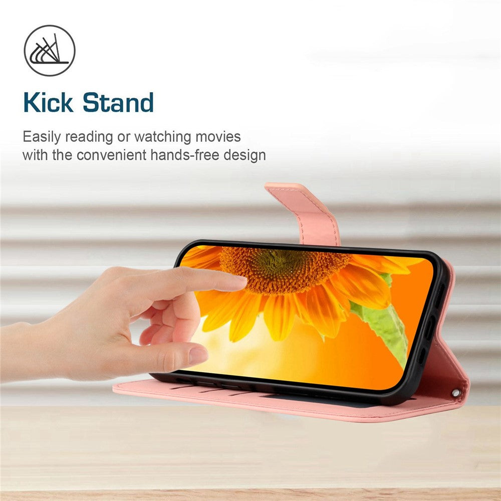 For iPhone 14 Plus HT04 Skin-touch PU Leather Stand Case Imprinted Sunflower Full Protection Phone Wallet Cover with Shoulder Strap