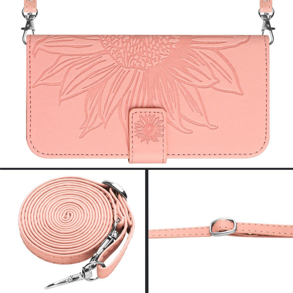For iPhone 14 Plus HT04 Skin-touch PU Leather Stand Case Imprinted Sunflower Full Protection Phone Wallet Cover with Shoulder Strap