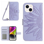For iPhone 14 Plus HT04 Skin-touch PU Leather Stand Case Imprinted Sunflower Full Protection Phone Wallet Cover with Shoulder Strap