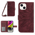 For iPhone 14 Plus HT04 Skin-touch PU Leather Stand Case Imprinted Sunflower Full Protection Phone Wallet Cover with Shoulder Strap