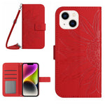 For iPhone 14 Plus HT04 Skin-touch PU Leather Stand Case Imprinted Sunflower Full Protection Phone Wallet Cover with Shoulder Strap