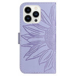 For iPhone 13 Pro 6.1 inch HT04 Imprinted Sunflower PU Leather Wallet Stand Cover Magnetic Clasp Skin-touch Phone Case with Shoulder Strap