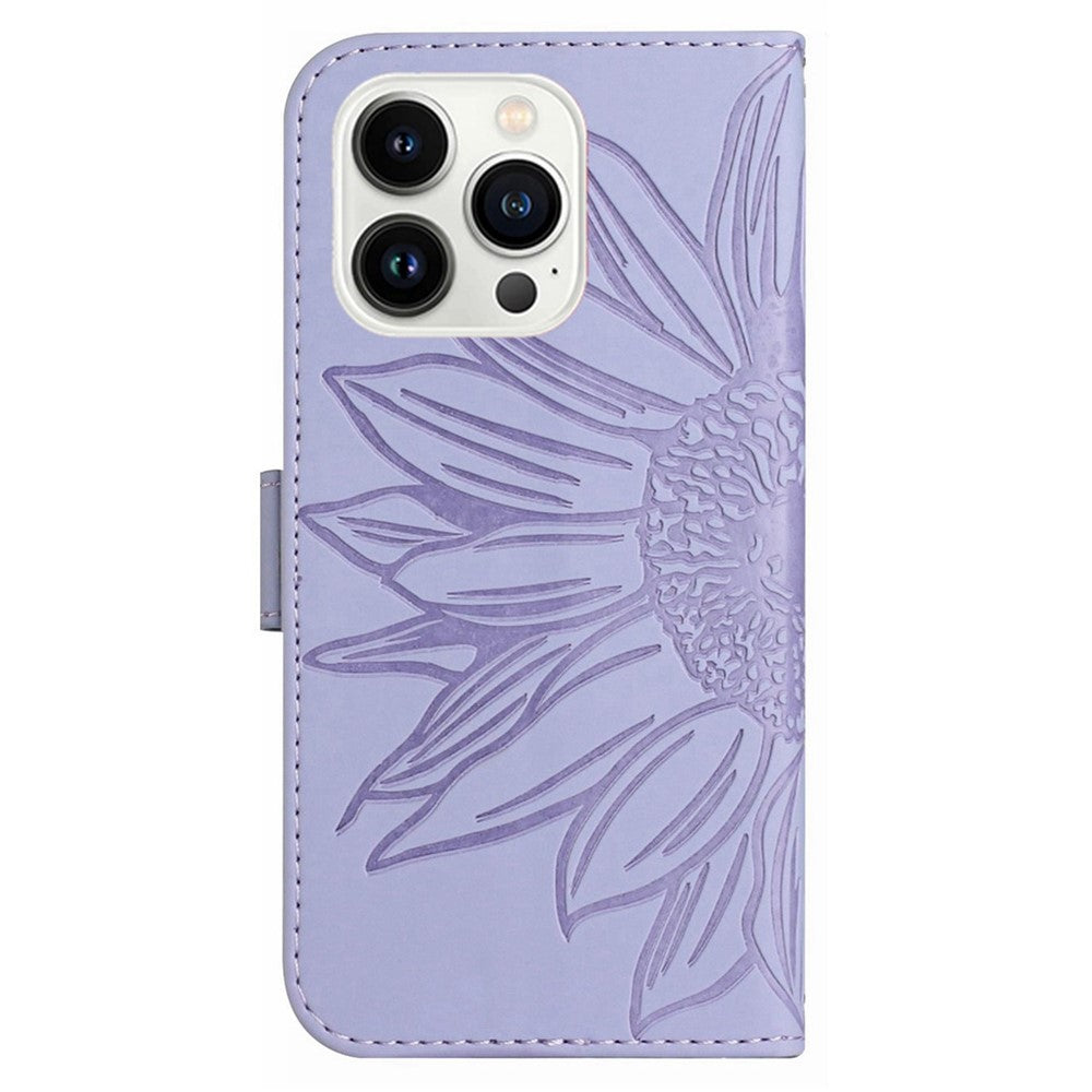 For iPhone 13 Pro 6.1 inch HT04 Imprinted Sunflower PU Leather Wallet Stand Cover Magnetic Clasp Skin-touch Phone Case with Shoulder Strap