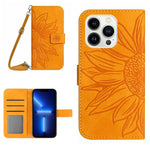 For iPhone 13 Pro 6.1 inch HT04 Imprinted Sunflower PU Leather Wallet Stand Cover Magnetic Clasp Skin-touch Phone Case with Shoulder Strap