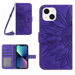 For iPhone 13 mini 5.4 inch HT04 Skin-touch PU Leather Imprinted Sunflower Stand Case Anti-scratch Phone Wallet Cover with Shoulder Strap