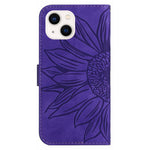 For iPhone 13 mini 5.4 inch HT04 Skin-touch PU Leather Imprinted Sunflower Stand Case Anti-scratch Phone Wallet Cover with Shoulder Strap