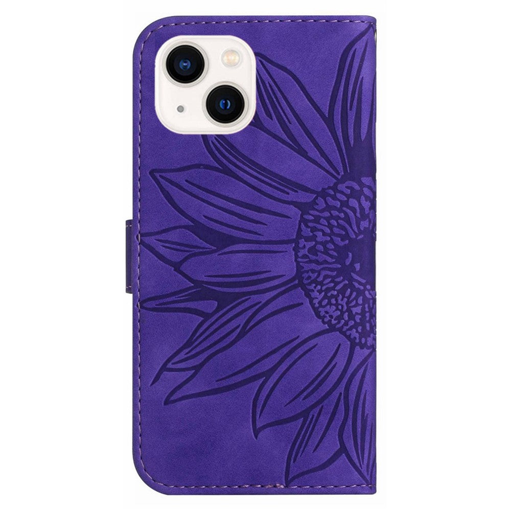 For iPhone 13 mini 5.4 inch HT04 Skin-touch PU Leather Imprinted Sunflower Stand Case Anti-scratch Phone Wallet Cover with Shoulder Strap
