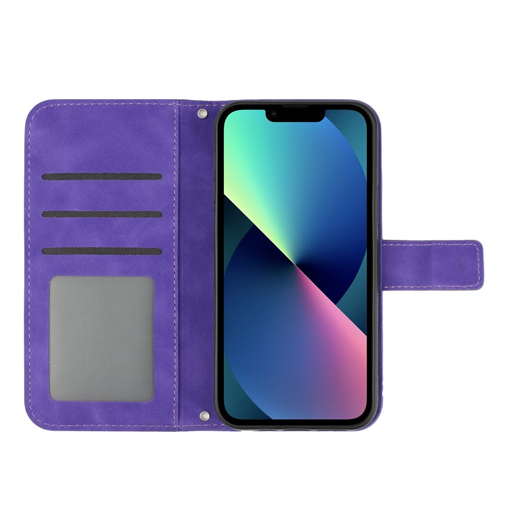 For iPhone 13 mini 5.4 inch HT04 Skin-touch PU Leather Imprinted Sunflower Stand Case Anti-scratch Phone Wallet Cover with Shoulder Strap