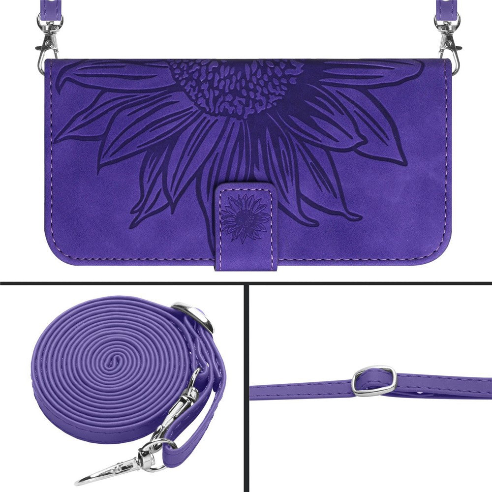 For iPhone 13 mini 5.4 inch HT04 Skin-touch PU Leather Imprinted Sunflower Stand Case Anti-scratch Phone Wallet Cover with Shoulder Strap