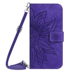For iPhone 13 mini 5.4 inch HT04 Skin-touch PU Leather Imprinted Sunflower Stand Case Anti-scratch Phone Wallet Cover with Shoulder Strap