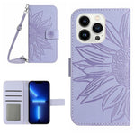 For iPhone 13 Pro Max 6.7 inch HT04 PU Leather Wallet Case Skin-touch Imprinted Sunflower Folio Flip Stand Phone Cover with Shoulder Strap