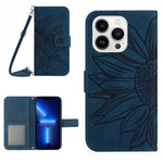 For iPhone 13 Pro Max 6.7 inch HT04 PU Leather Wallet Case Skin-touch Imprinted Sunflower Folio Flip Stand Phone Cover with Shoulder Strap