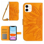 For iPhone 11 6.1 inch HT04 PU Leather Imprinted Sunflower Drop-proof Phone Case Skin-touch Wallet Stand Protector with Shoulder Strap