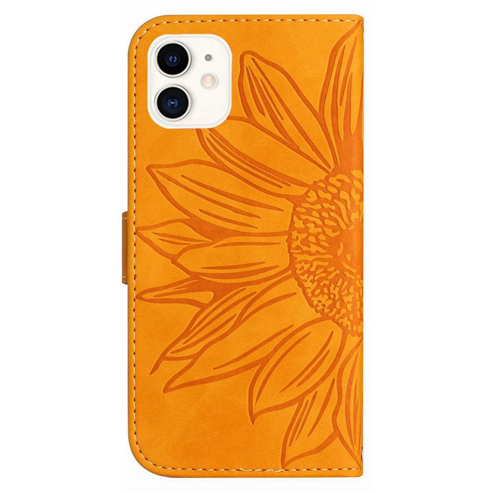For iPhone 11 6.1 inch HT04 PU Leather Imprinted Sunflower Drop-proof Phone Case Skin-touch Wallet Stand Protector with Shoulder Strap