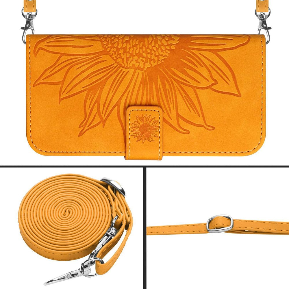 For iPhone 11 6.1 inch HT04 PU Leather Imprinted Sunflower Drop-proof Phone Case Skin-touch Wallet Stand Protector with Shoulder Strap