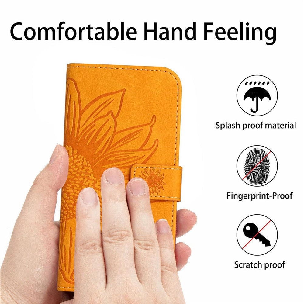 For iPhone 11 6.1 inch HT04 PU Leather Imprinted Sunflower Drop-proof Phone Case Skin-touch Wallet Stand Protector with Shoulder Strap