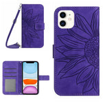 For iPhone 11 6.1 inch HT04 PU Leather Imprinted Sunflower Drop-proof Phone Case Skin-touch Wallet Stand Protector with Shoulder Strap