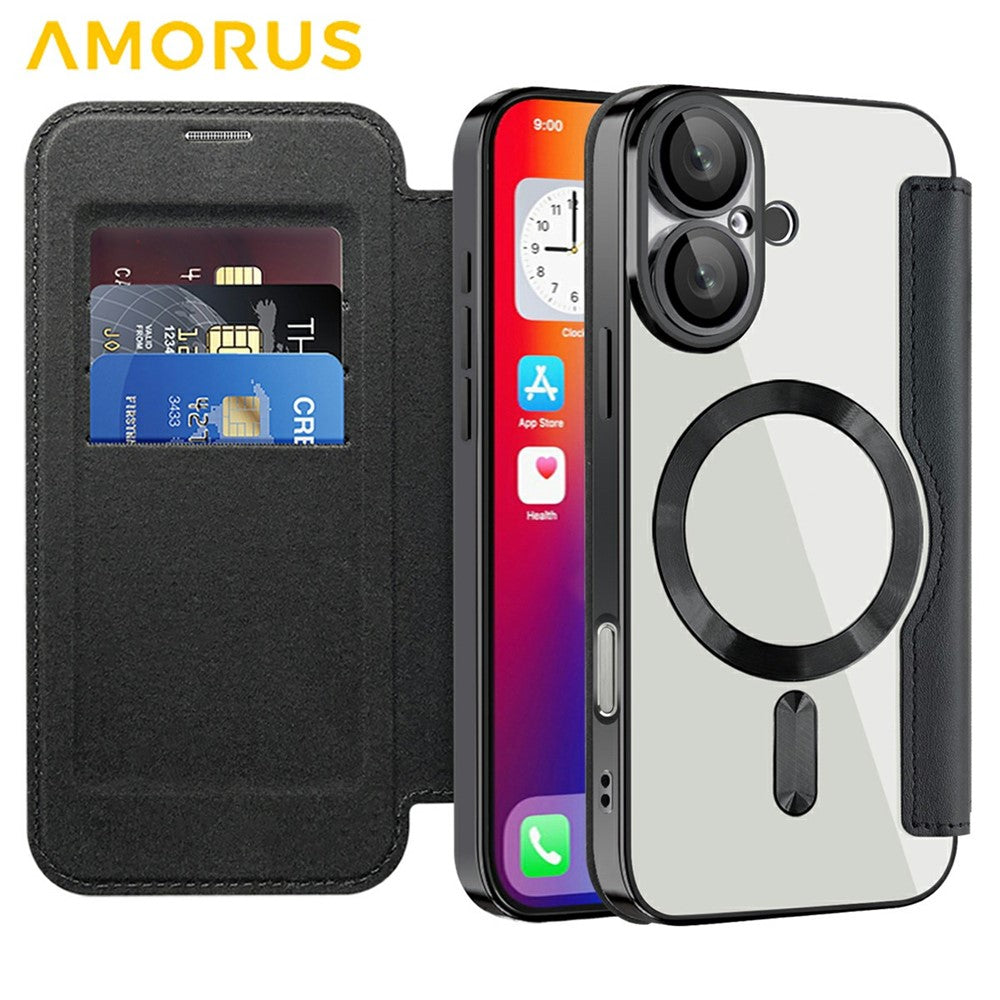 AMORUS For iPhone 16 Case Compatible with MagSafe RFID Blocking Card Holder Leather Phone Cover