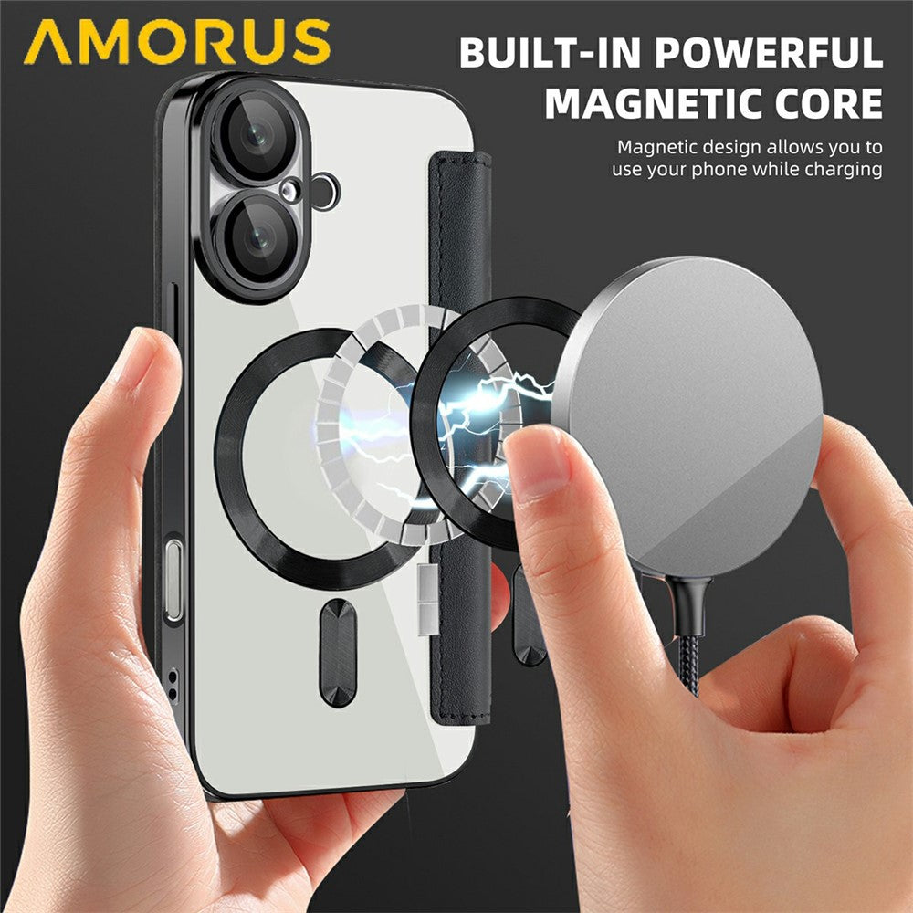 AMORUS For iPhone 16 Case Compatible with MagSafe RFID Blocking Card Holder Leather Phone Cover
