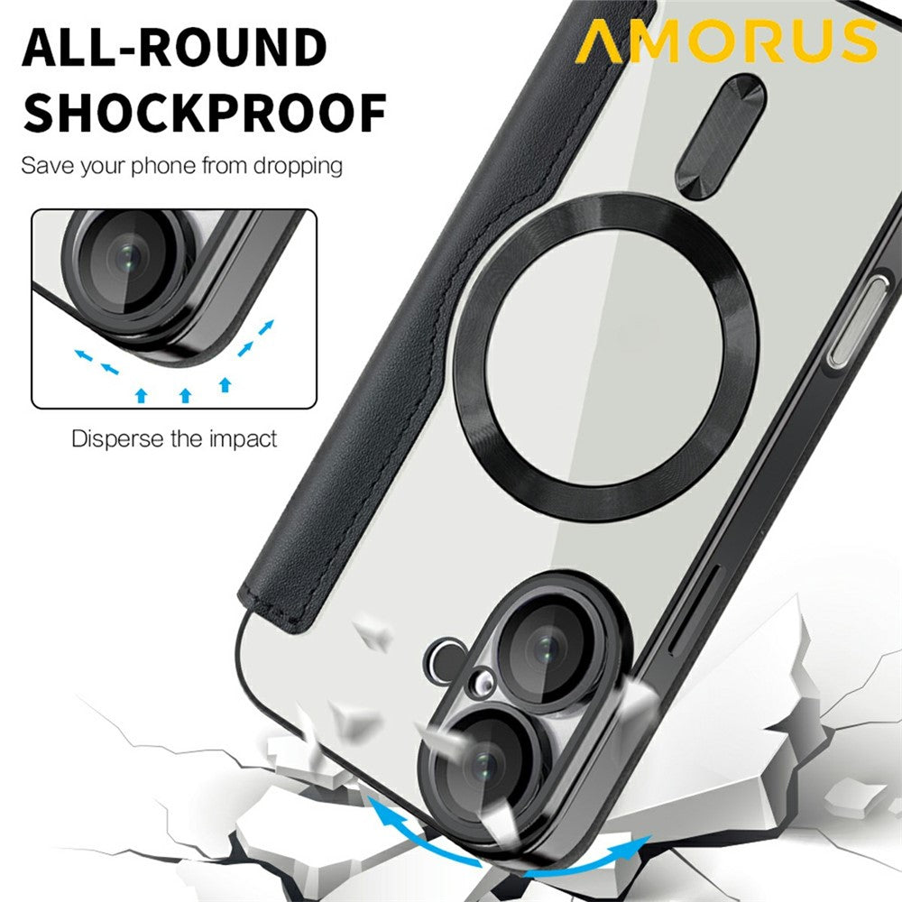 AMORUS For iPhone 16 Case Compatible with MagSafe RFID Blocking Card Holder Leather Phone Cover