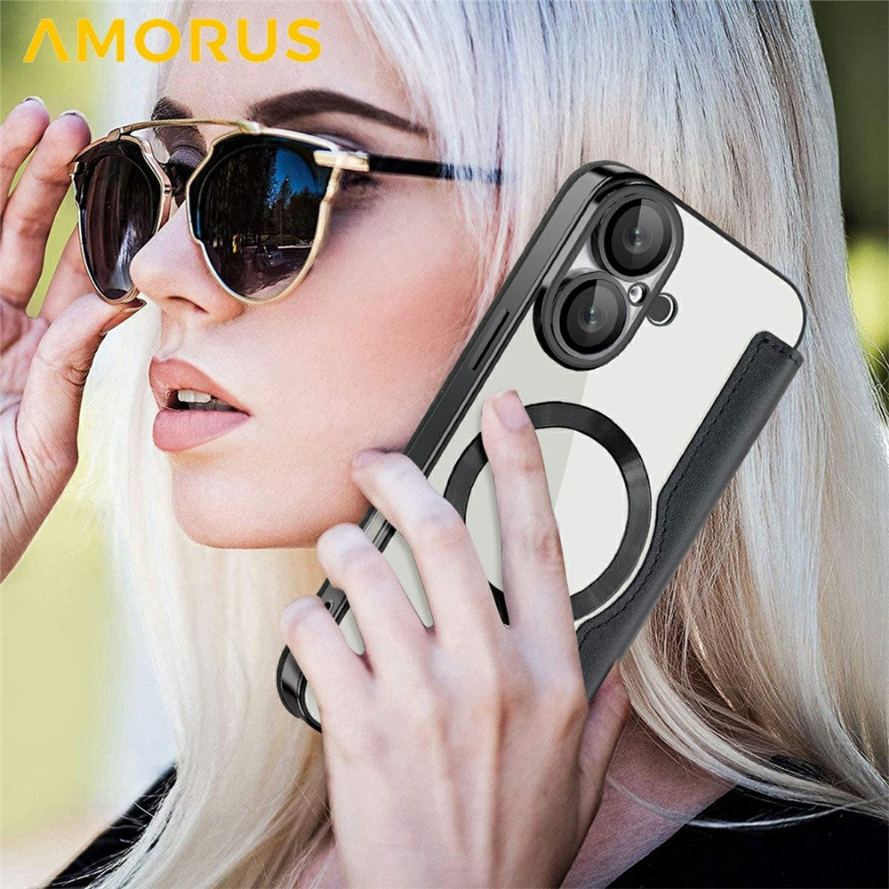 AMORUS For iPhone 16 Case Compatible with MagSafe RFID Blocking Card Holder Leather Phone Cover