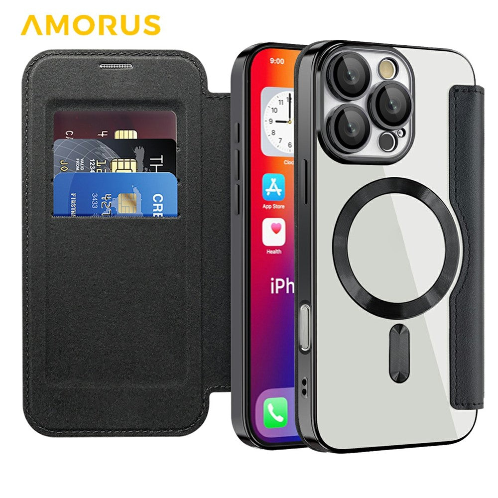 AMORUS Cover til iPhone 16 Pro Max Kompatibel med MagSafe RFID Blokerende Kortholder Læder Telefoncover