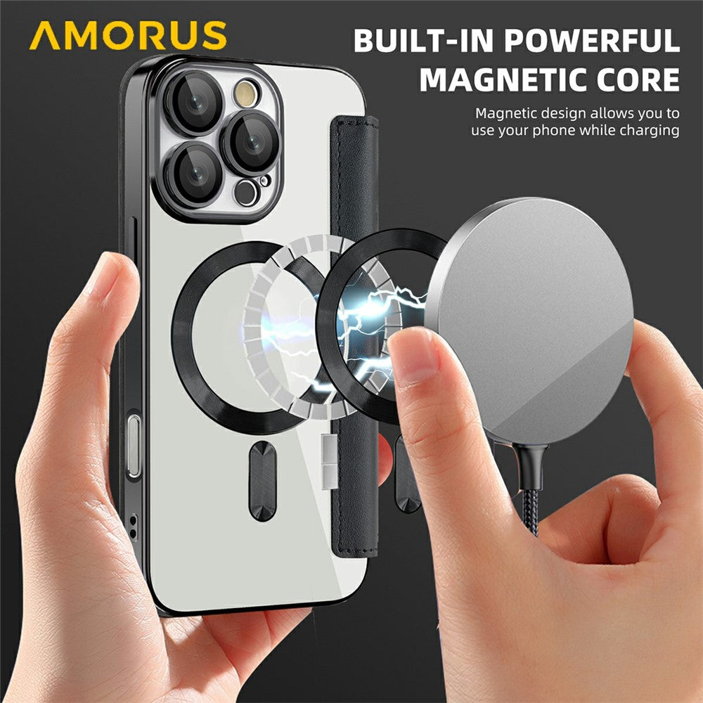 AMORUS Cover til iPhone 16 Pro Max Kompatibel med MagSafe RFID Blokerende Kortholder Læder Telefoncover