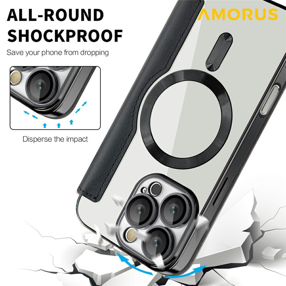 AMORUS Cover til iPhone 16 Pro Max Kompatibel med MagSafe RFID Blokerende Kortholder Læder Telefoncover