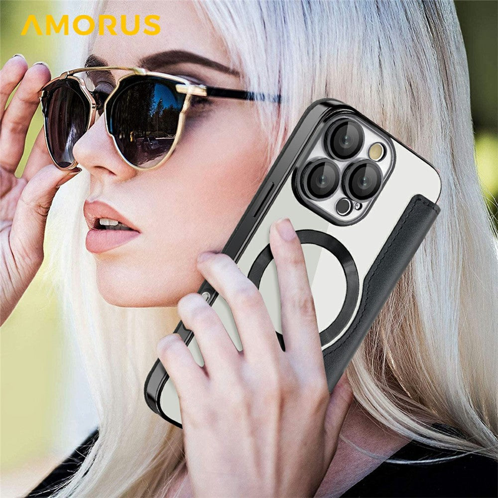 AMORUS Cover til iPhone 16 Pro Max Kompatibel med MagSafe RFID Blokerende Kortholder Læder Telefoncover