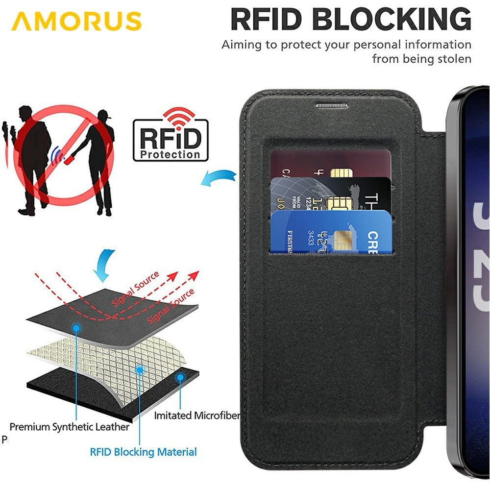 AMORUS For Samsung Galaxy S25 Magnetic Case RFID Blocking Card Holder Leather Phone Cover