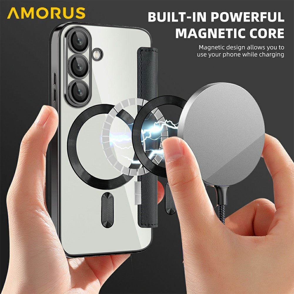 AMORUS For Samsung Galaxy S25 Magnetic Case RFID Blocking Card Holder Leather Phone Cover