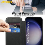 AMORUS For Samsung Galaxy S25 Magnetic Case RFID Blocking Card Holder Leather Phone Cover