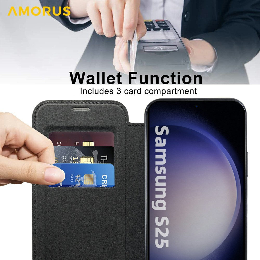 AMORUS For Samsung Galaxy S25 Magnetic Case RFID Blocking Card Holder Leather Phone Cover