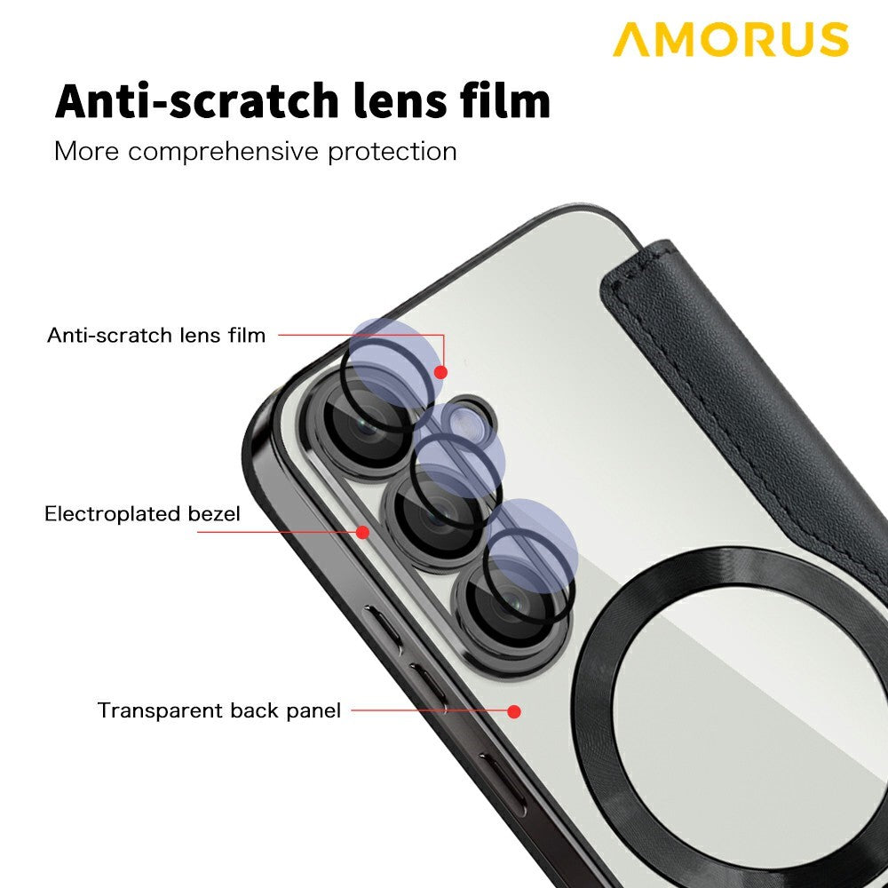 AMORUS For Samsung Galaxy S25 Magnetic Case RFID Blocking Card Holder Leather Phone Cover