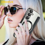 AMORUS For Samsung Galaxy S25 Magnetic Case RFID Blocking Card Holder Leather Phone Cover
