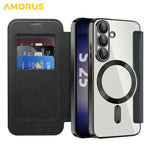 AMORUS For Samsung Galaxy S25+ Magnetic Case RFID Blocking Card Holder Leather Phone Cover
