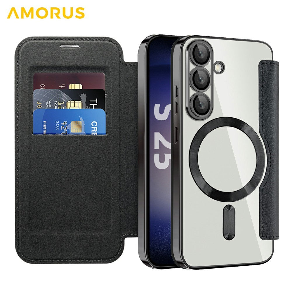 AMORUS For Samsung Galaxy S25+ Magnetic Case RFID Blocking Card Holder Leather Phone Cover