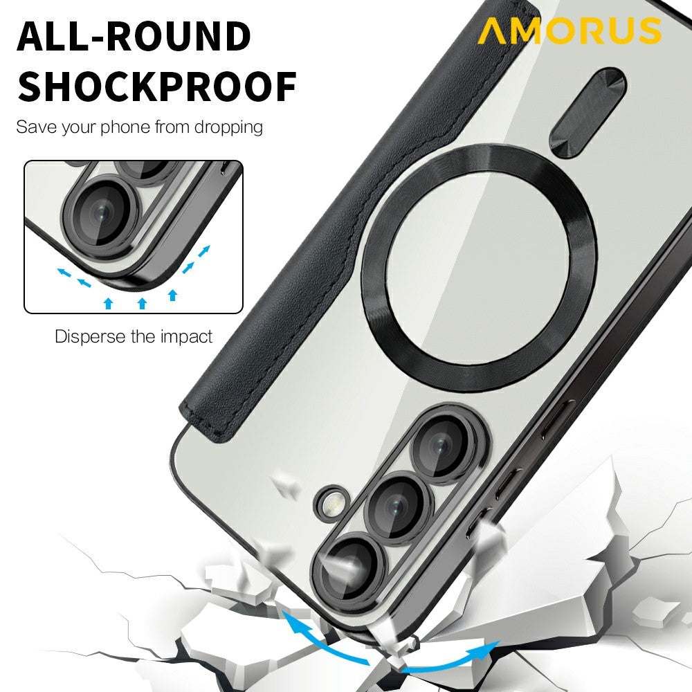 AMORUS For Samsung Galaxy S25+ Magnetic Case RFID Blocking Card Holder Leather Phone Cover