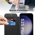 AMORUS For Samsung Galaxy S25+ Magnetic Case RFID Blocking Card Holder Leather Phone Cover
