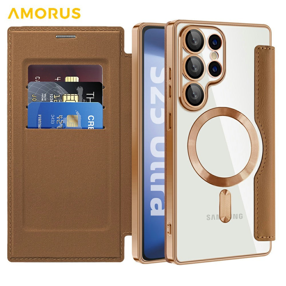 AMORUS til Samsung Galaxy S25 Ultra Cover Magnetisk Cover RFID Blokerende Kortholder Læder Telefoncover