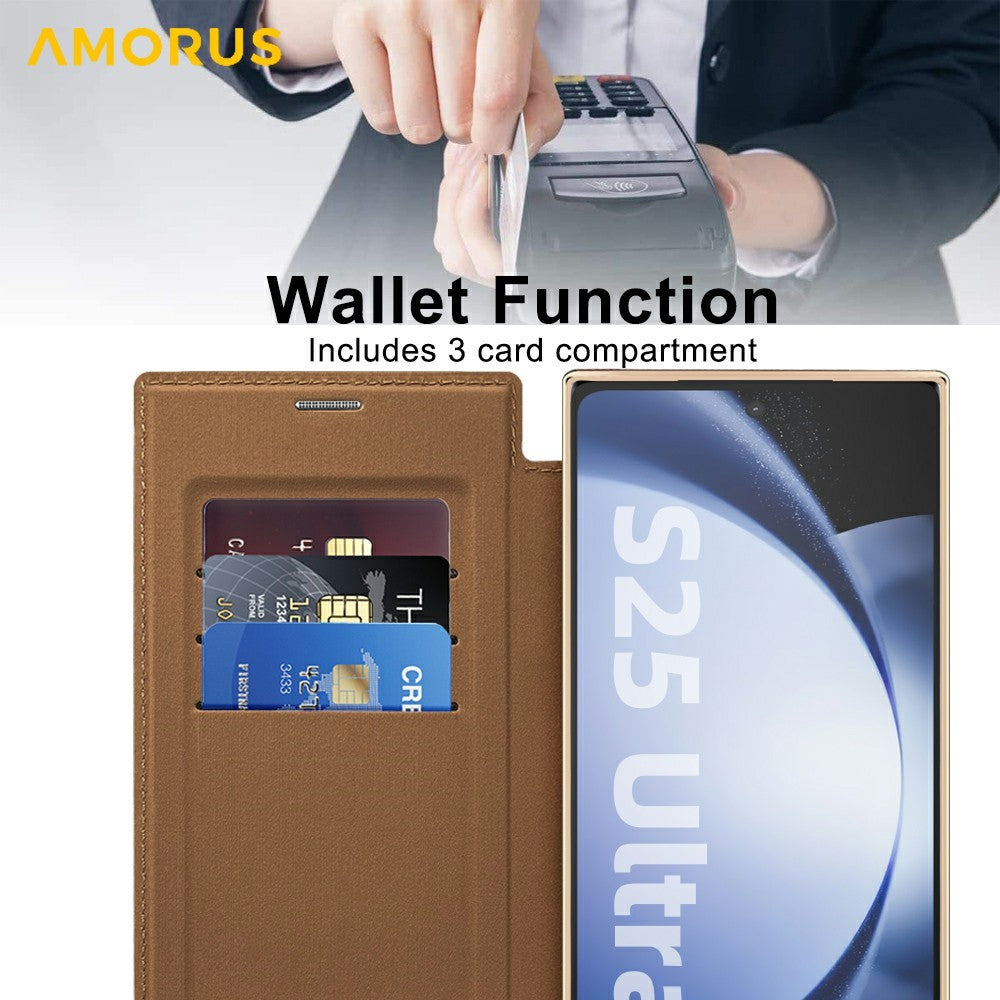 AMORUS til Samsung Galaxy S25 Ultra Cover Magnetisk Cover RFID Blokerende Kortholder Læder Telefoncover
