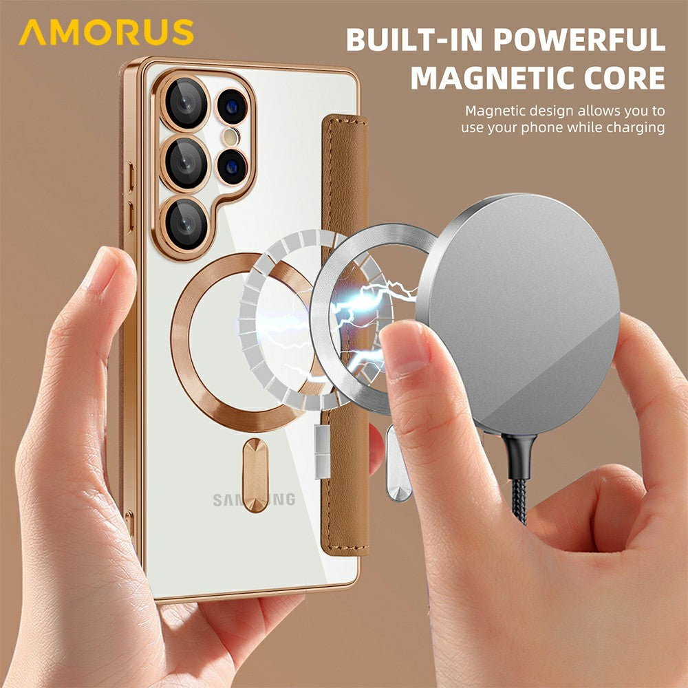 AMORUS til Samsung Galaxy S25 Ultra Cover Magnetisk Cover RFID Blokerende Kortholder Læder Telefoncover