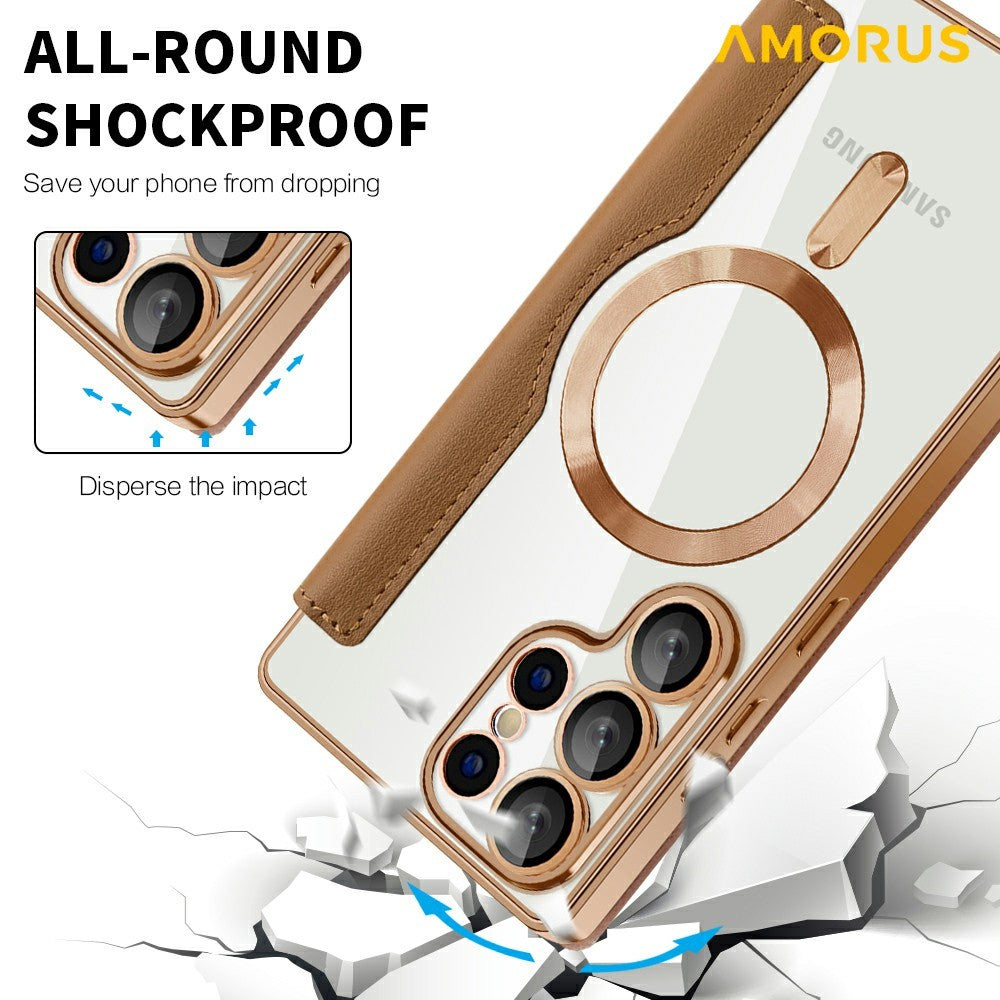 AMORUS til Samsung Galaxy S25 Ultra Cover Magnetisk Cover RFID Blokerende Kortholder Læder Telefoncover