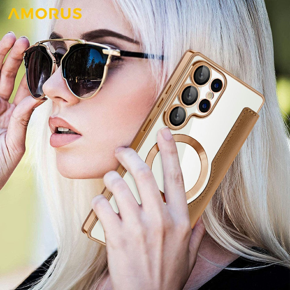 AMORUS til Samsung Galaxy S25 Ultra Cover Magnetisk Cover RFID Blokerende Kortholder Læder Telefoncover