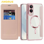 AMORUS til Samsung Galaxy S25 Edge Magnetisk etui RFID-blokerende kortholder læder telefoncover
