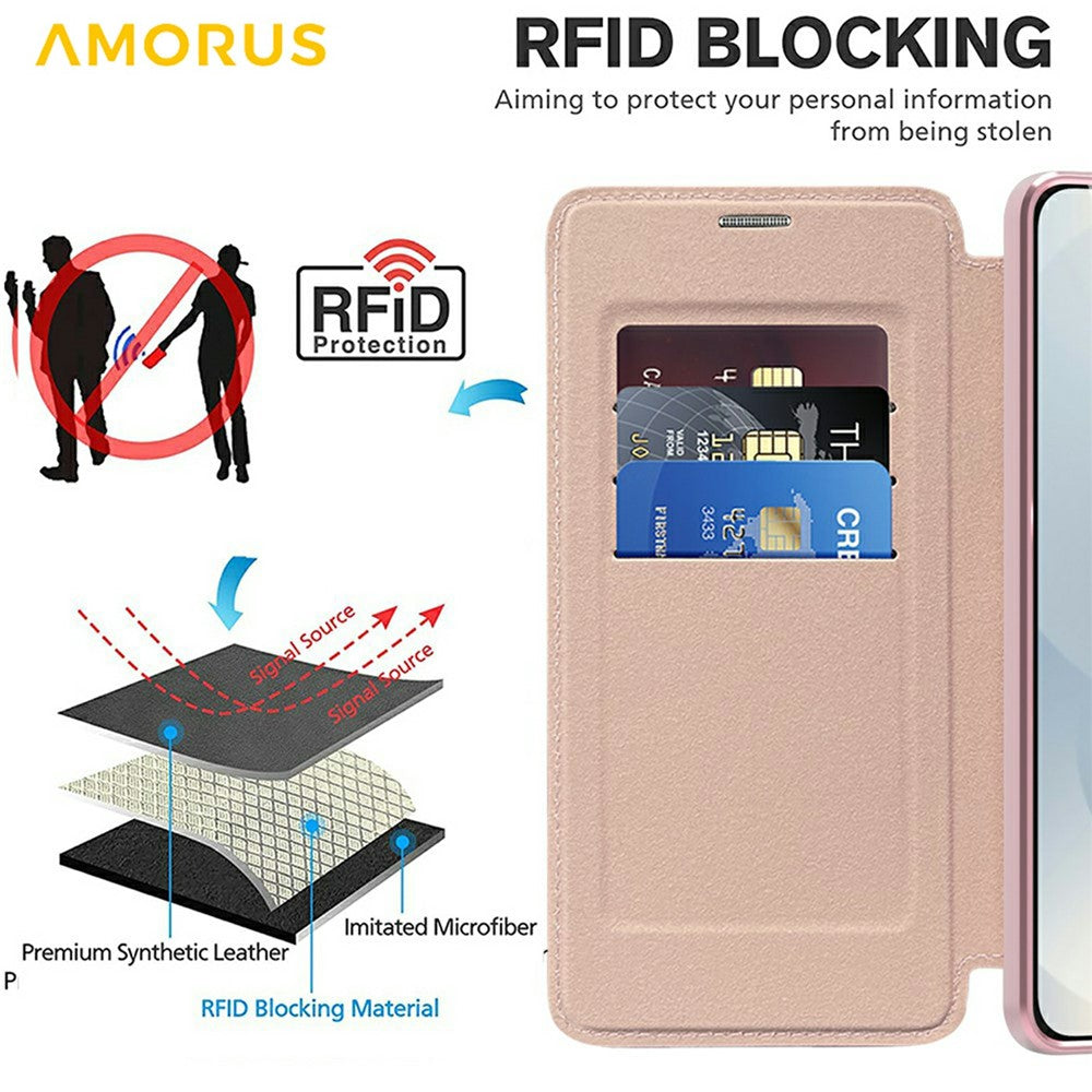 AMORUS For Samsung Galaxy S25 Edge Magnetic Case RFID Blocking Card Holder Leather Phone Cover