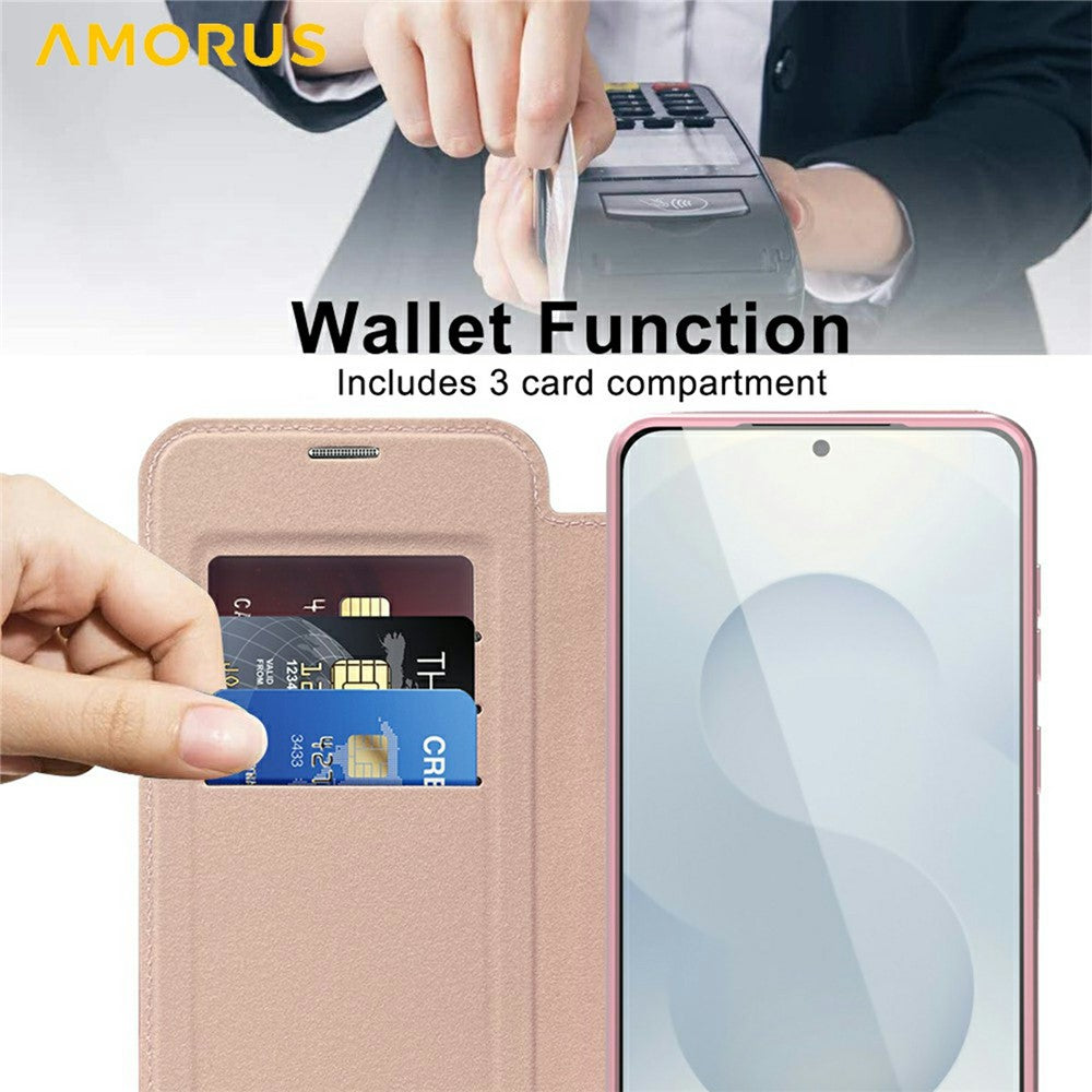 AMORUS For Samsung Galaxy S25 Edge Magnetic Case RFID Blocking Card Holder Leather Phone Cover